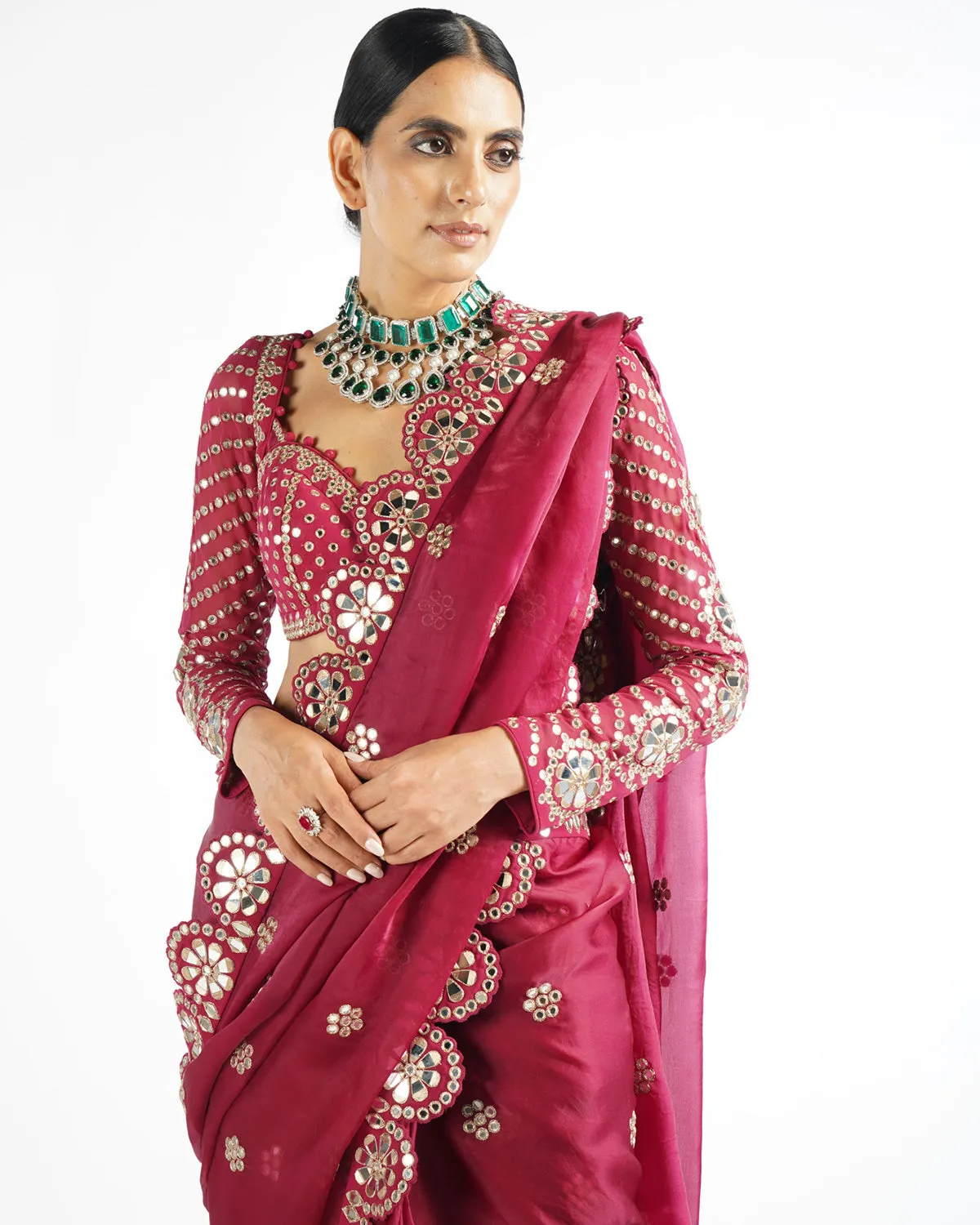 Mellow Wine Mirror Scallop Sari Set