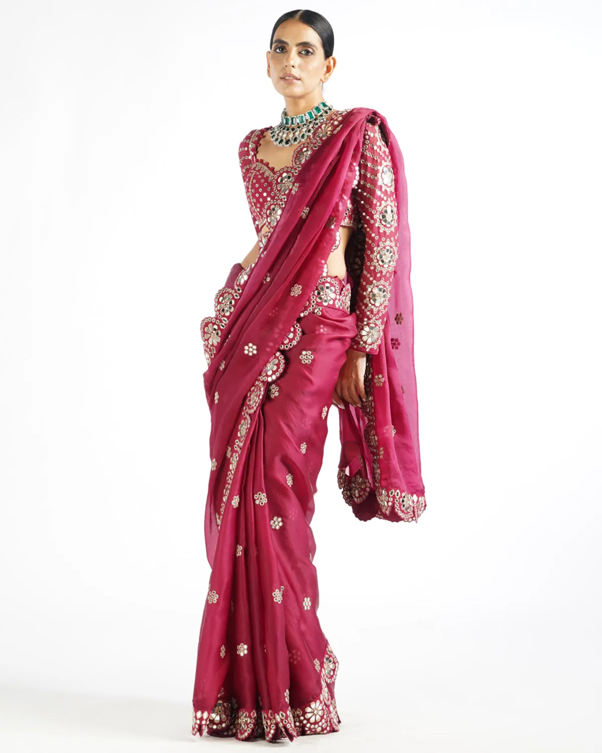 Mellow Wine Mirror Scallop Sari Set