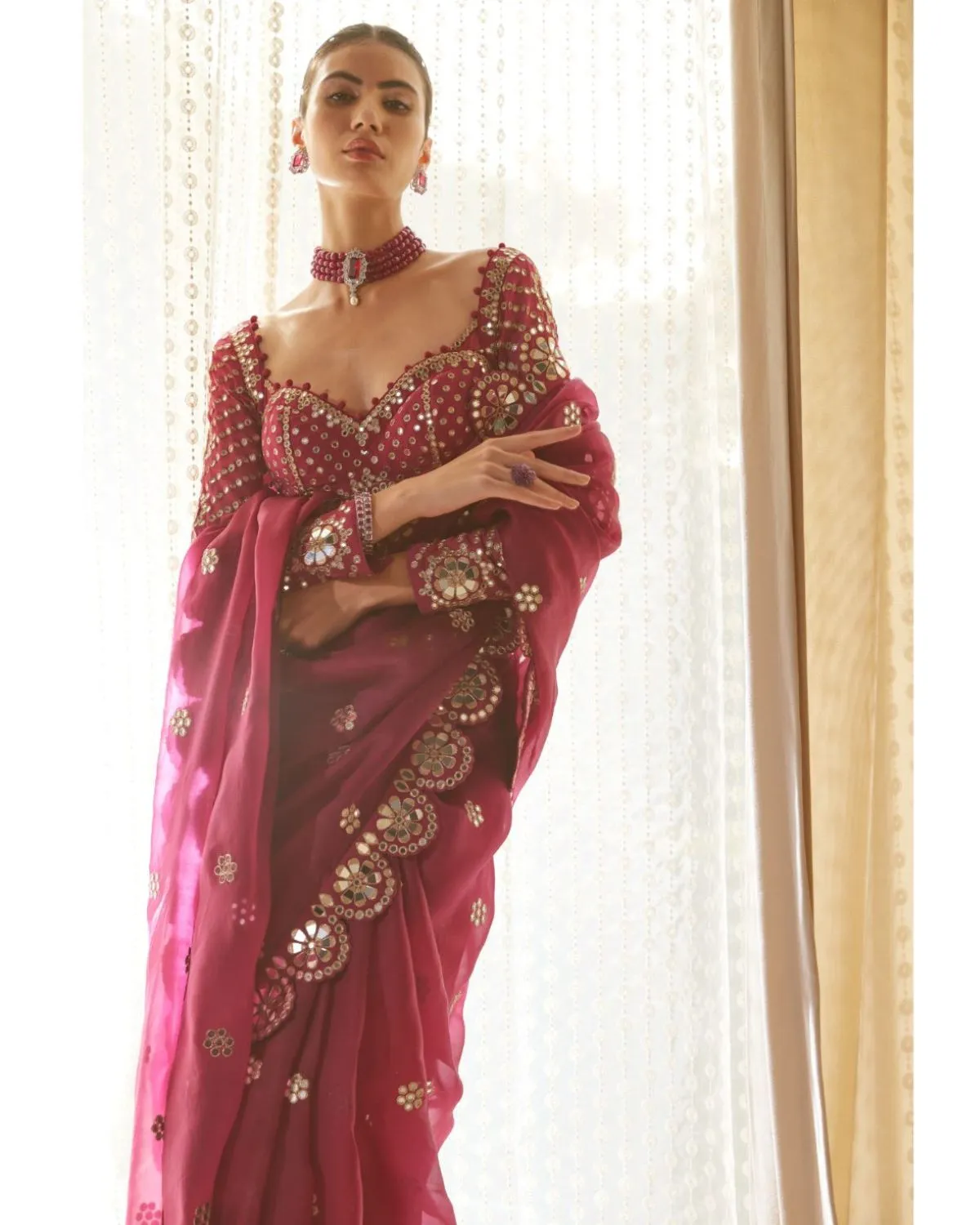 Mellow Wine Mirror Scallop Sari Set