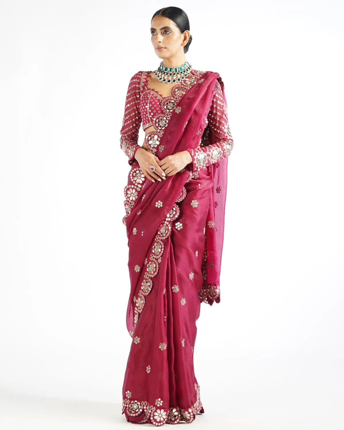 Mellow Wine Mirror Scallop Sari Set
