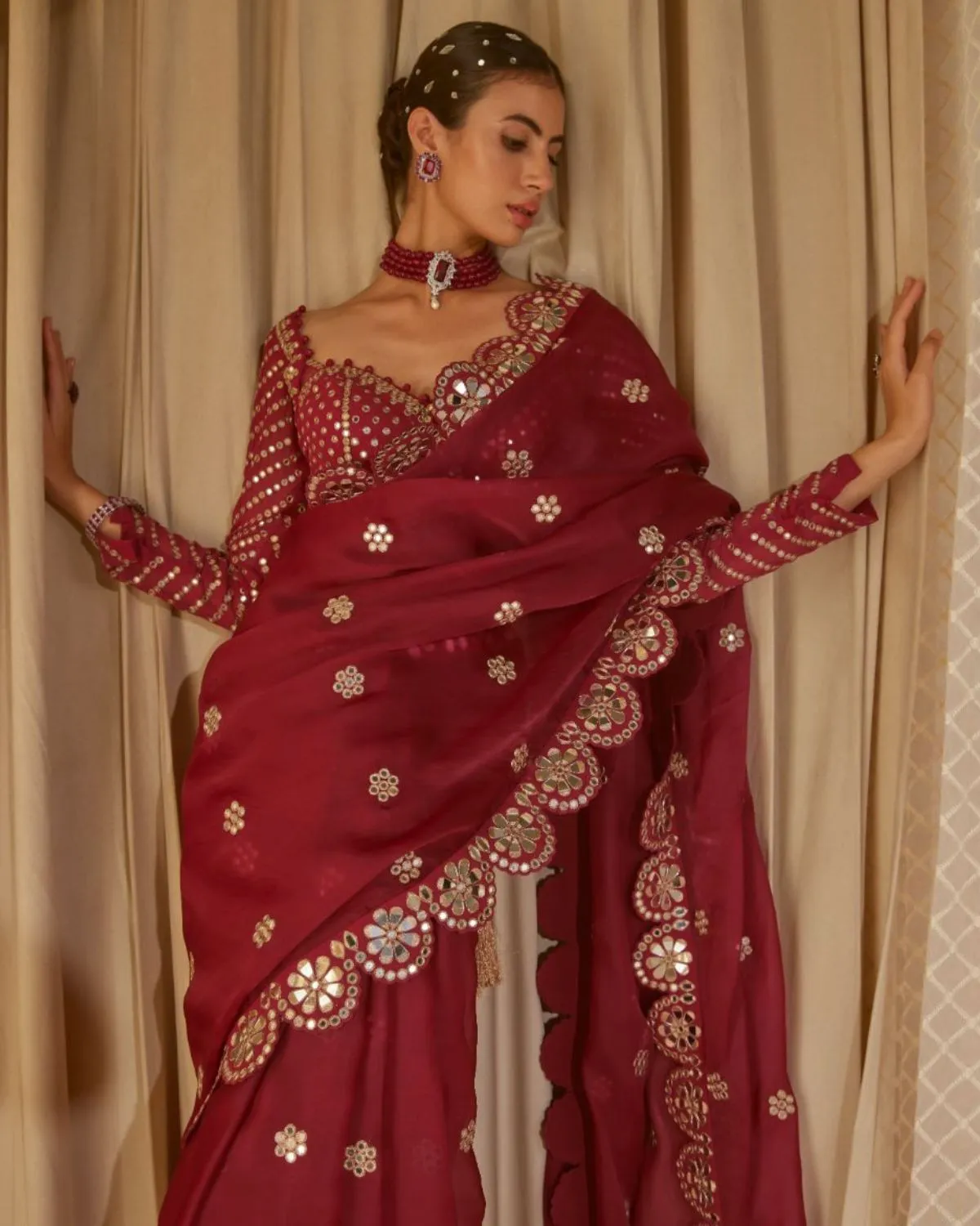 Mellow Wine Mirror Scallop Sari Set