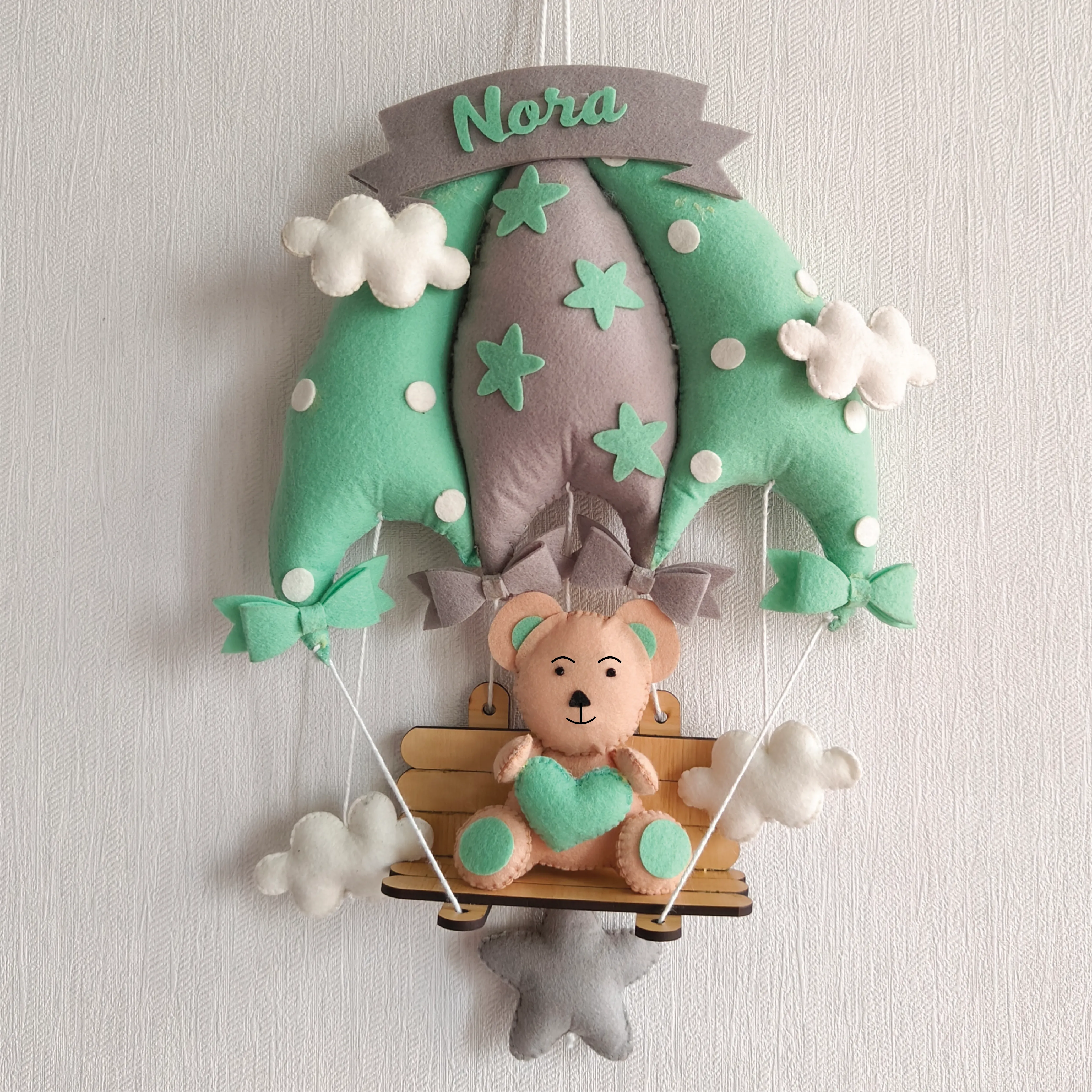 Minty Green Teddy On a Swing Name Hanging