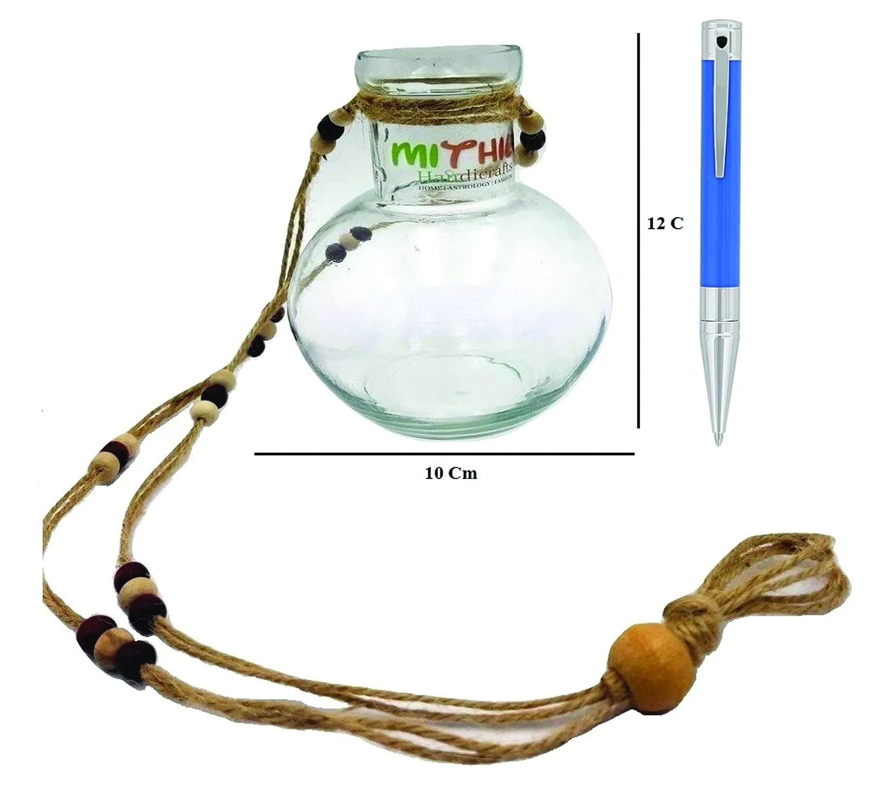 Mithila Handicrafts Ball Shaped Round Glass Vase | for Money Plant | Lucky Bamboo Plant | Elegant Vase | with Jute Rope Hanging Glass | Flower Pot | 12X10 cm, Clear