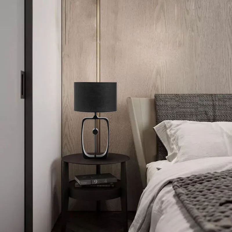Modern Minimalist Metal Ring Base Fabric Drum 1-Light Table Lamp