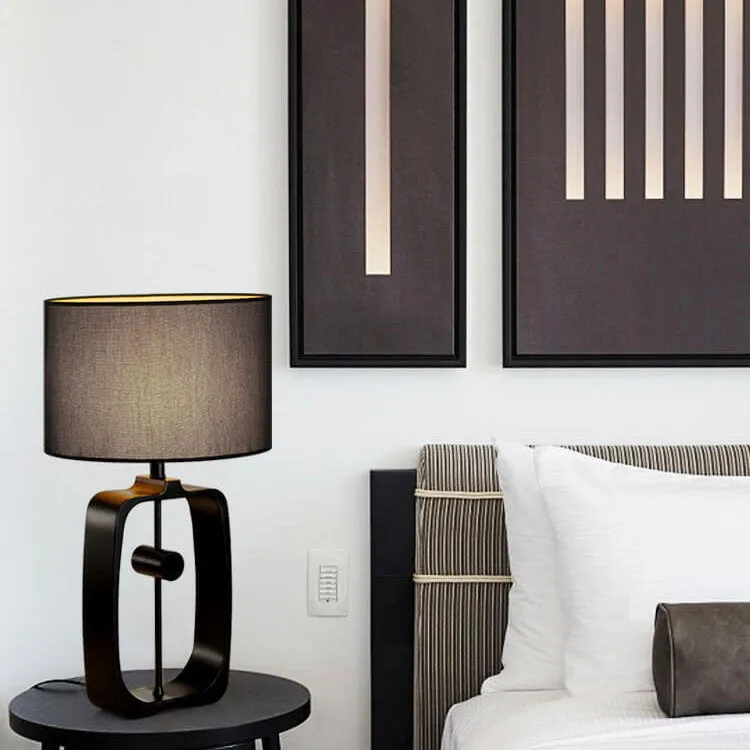 Modern Minimalist Metal Ring Base Fabric Drum 1-Light Table Lamp
