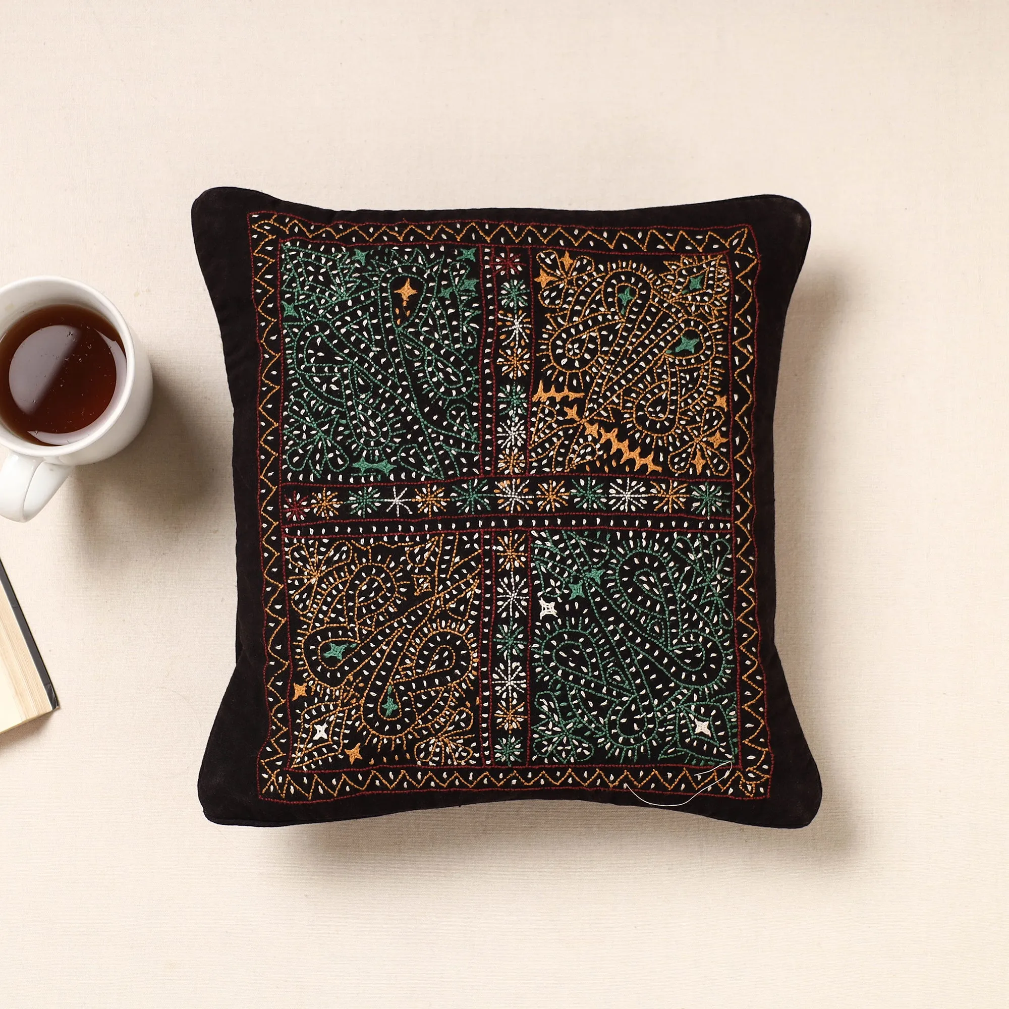 Multicolor - Kala Raksha Rabari Bakhiya Hand Embroidery Cotton Cushion Cover (12 x 12 in)