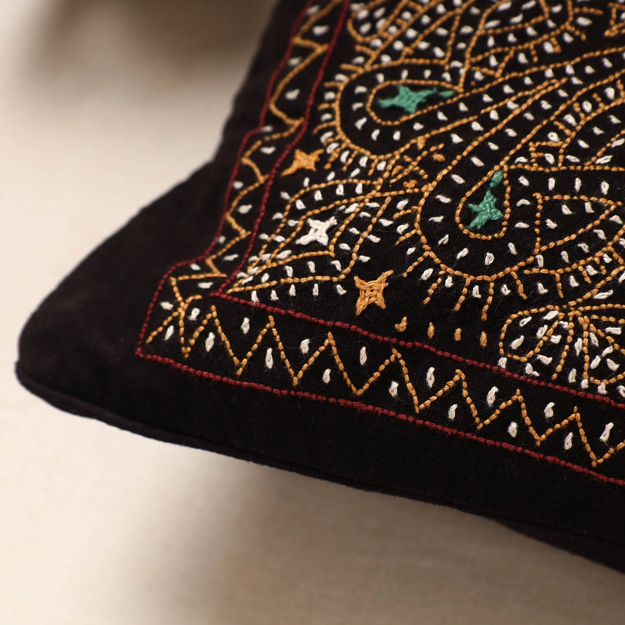 Multicolor - Kala Raksha Rabari Bakhiya Hand Embroidery Cotton Cushion Cover (12 x 12 in)