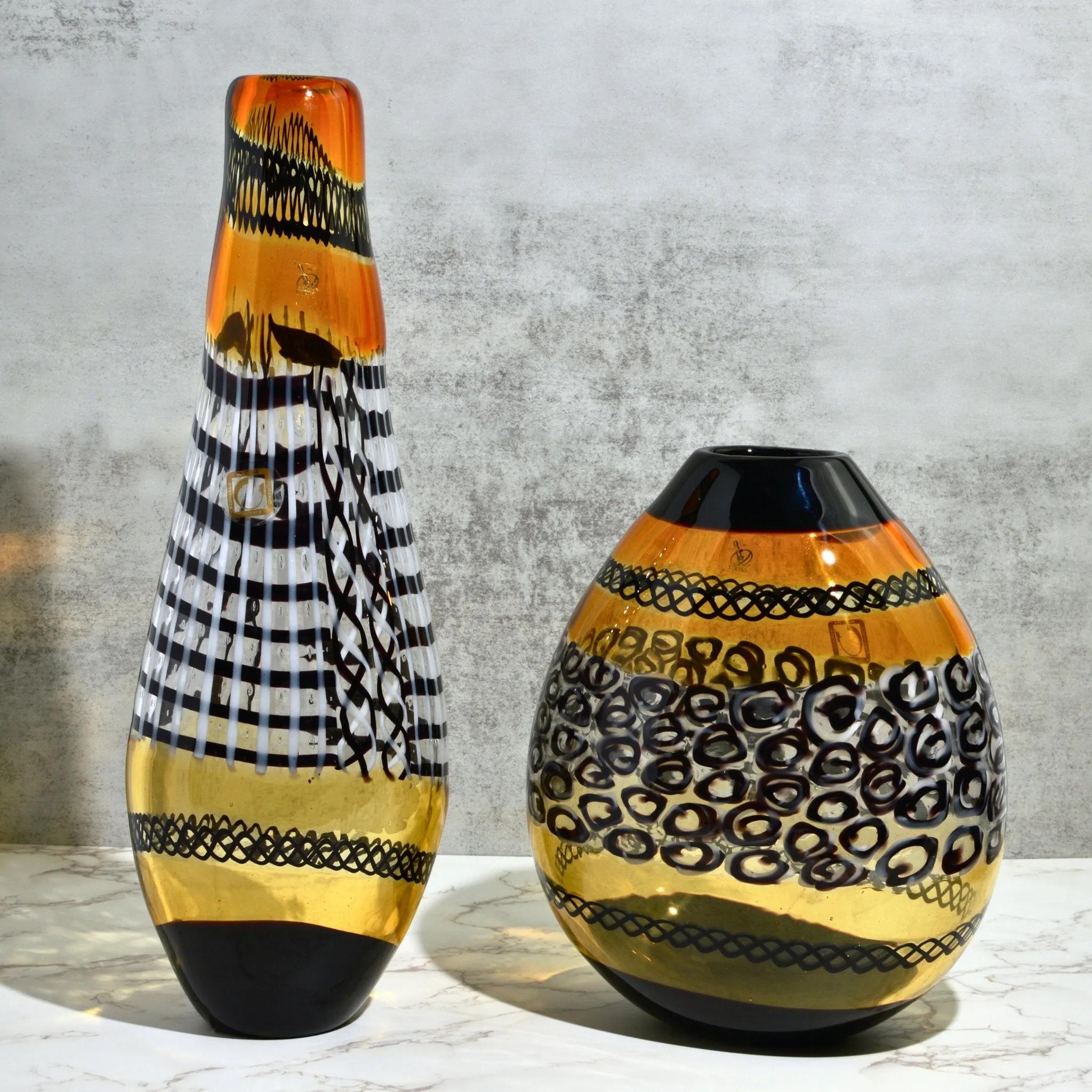 Murano Glass Large Luxury Vase/Vessel, Amber & Black