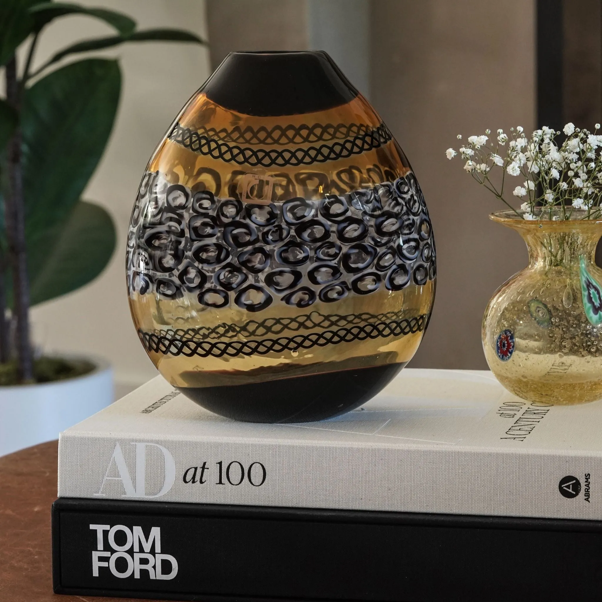 Murano Glass Large Luxury Vase/Vessel, Amber & Black