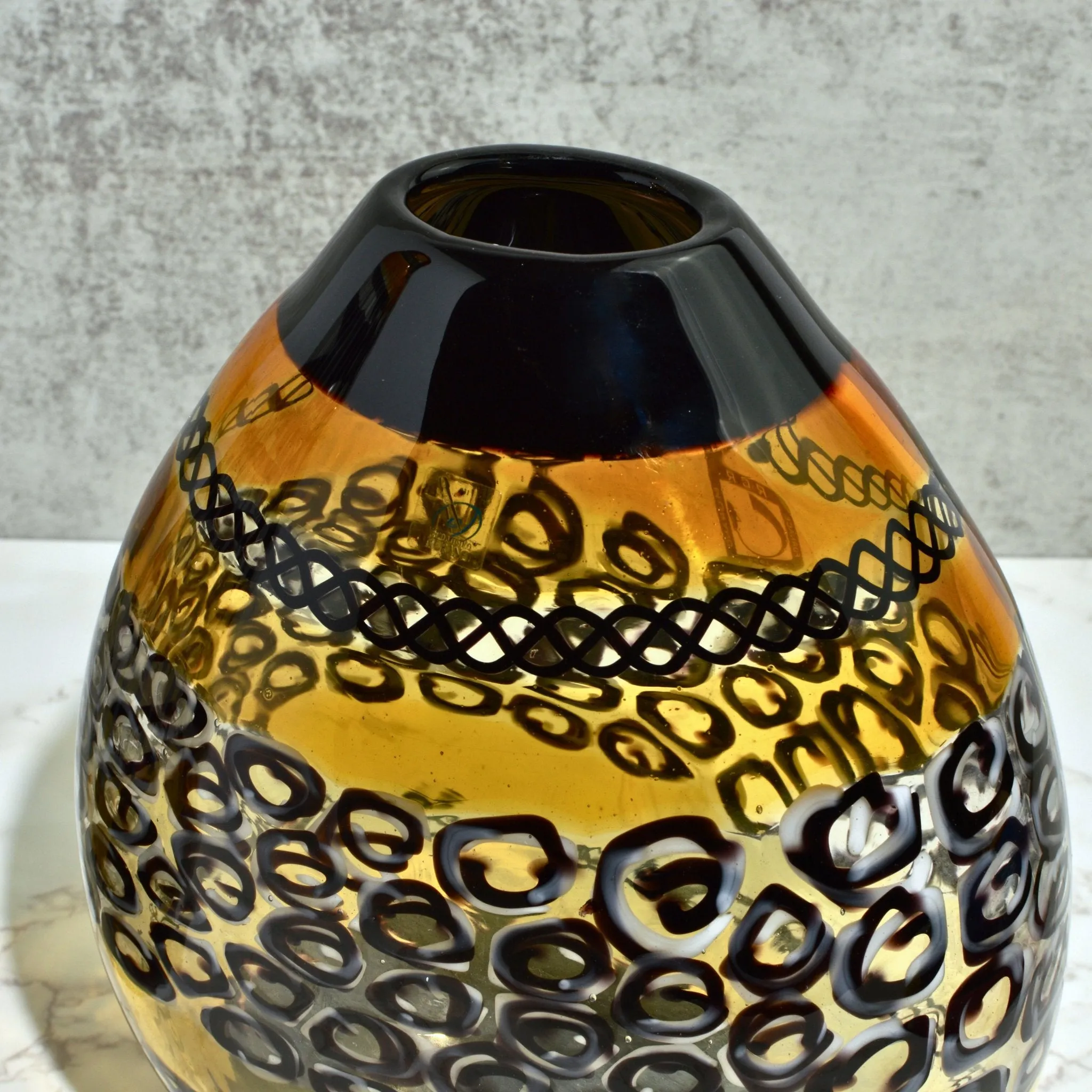 Murano Glass Large Luxury Vase/Vessel, Amber & Black