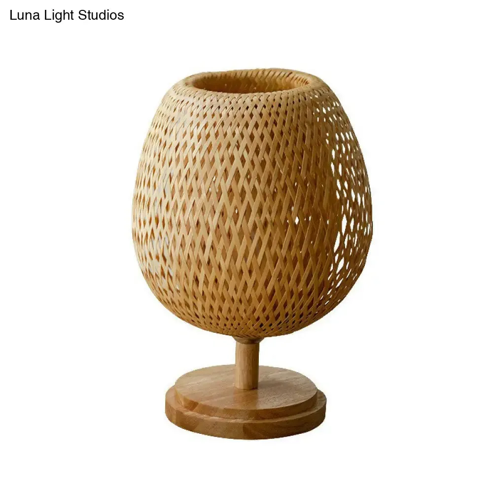 Nordic Style Bamboo Wood Table Lamp - Wineglass Design, 1 Bulb Nightstand Light for Bedroom