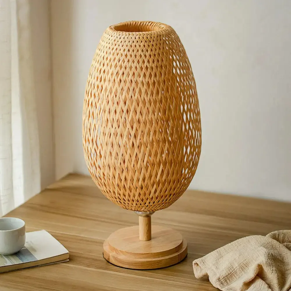 Nordic Style Bamboo Wood Table Lamp - Wineglass Design, 1 Bulb Nightstand Light for Bedroom