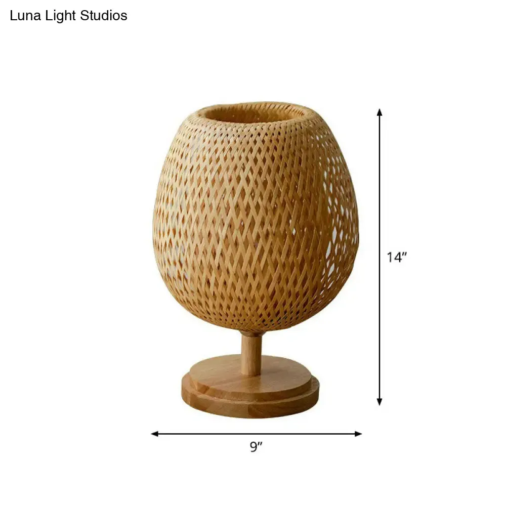 Nordic Style Bamboo Wood Table Lamp - Wineglass Design, 1 Bulb Nightstand Light for Bedroom
