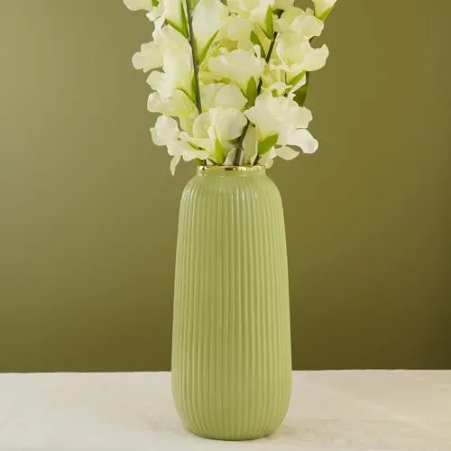 Pure Home   Living Light Green Ribbed Ceramic Vase - Large