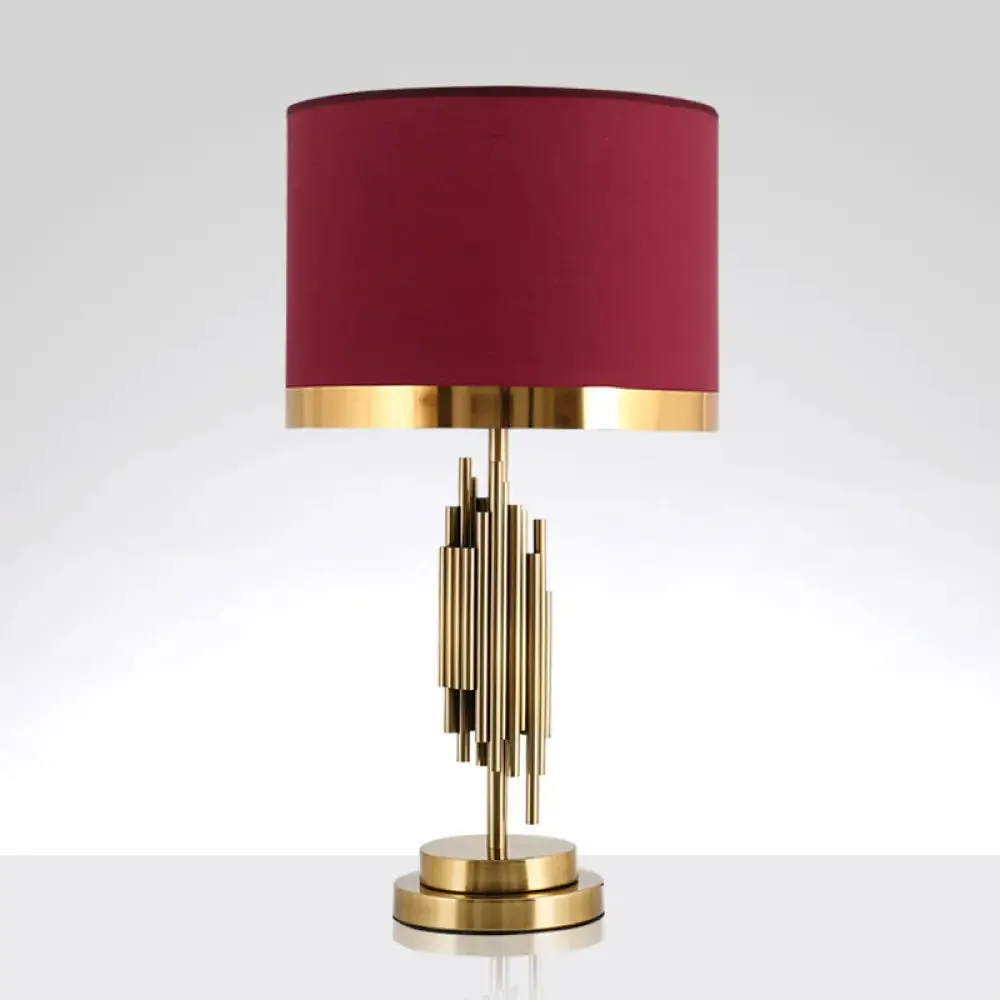 Red Traditional Fabric Table Light with Single Drum Shade - Perfect for Living Room Nightstand