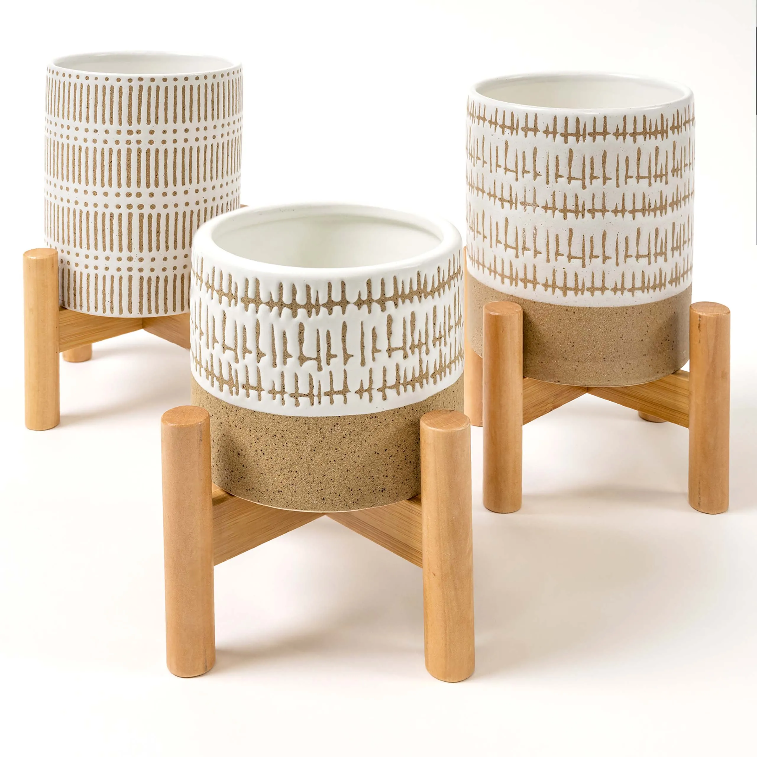 SET OF THREE SMALL STONEWARE POTS WITh STANDS - The large pots are 5.75" high.  The small pot is3.5" high. All three have a stand