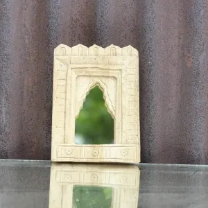 Spice Box Handmade Vintage Style Indian Temple Mirror Small Wall Decor 13x18cm Handcarved in Solid Hard Wood Decorative Wall Mirror Frame Bedroom | Home Decor | Living Room | TMB080029 5x7inch Bleach