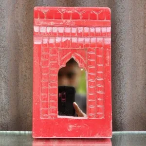 Spice Box Handmade Vintage Style Indian Temple Mirror Small Wall Decor 20x13cm Handcarved in Solid Hard Wood Decorative Wall Mirror Frame Bedroom | Home Decor | Living Room | TMG080024 8x5inch (Red)