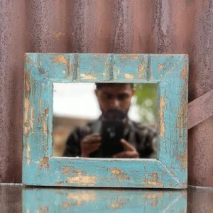 Spice Box Handmade Vintage Style Indian Temple Mirror Small Wall Decor 23x28cm Handcarved in Solid Hard Wood Decorative Wall Mirror Frame Bedroom | Home Decor | Living Room | MFB080035 9x11inch Blue