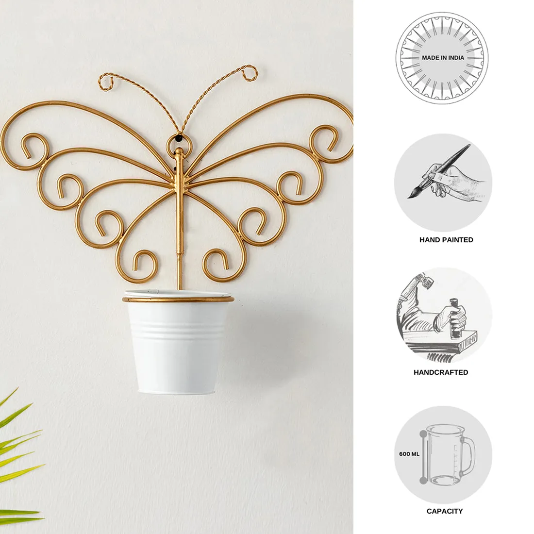 'Svarn Titli' Wall Planter Pot In Galvanized Iron (10 Inch, Brass Finish)