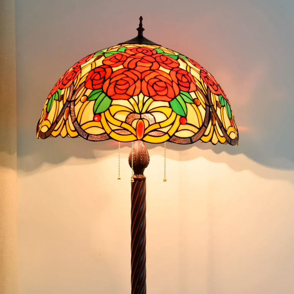 Tiffany Creative Stained Glass Jade Rose Decorated 3-Light Standing Floor Lamp