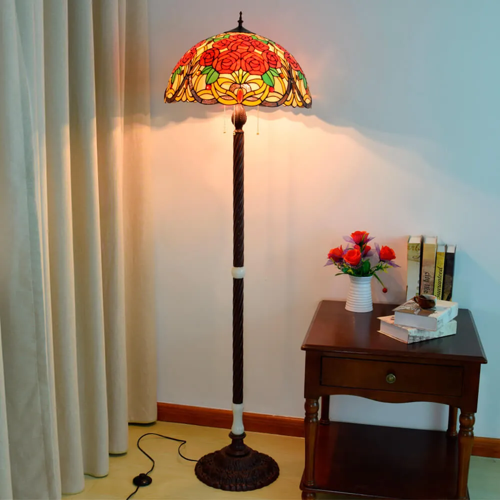 Tiffany Creative Stained Glass Jade Rose Decorated 3-Light Standing Floor Lamp