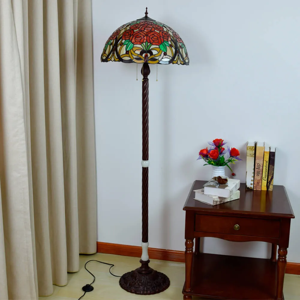 Tiffany Creative Stained Glass Jade Rose Decorated 3-Light Standing Floor Lamp