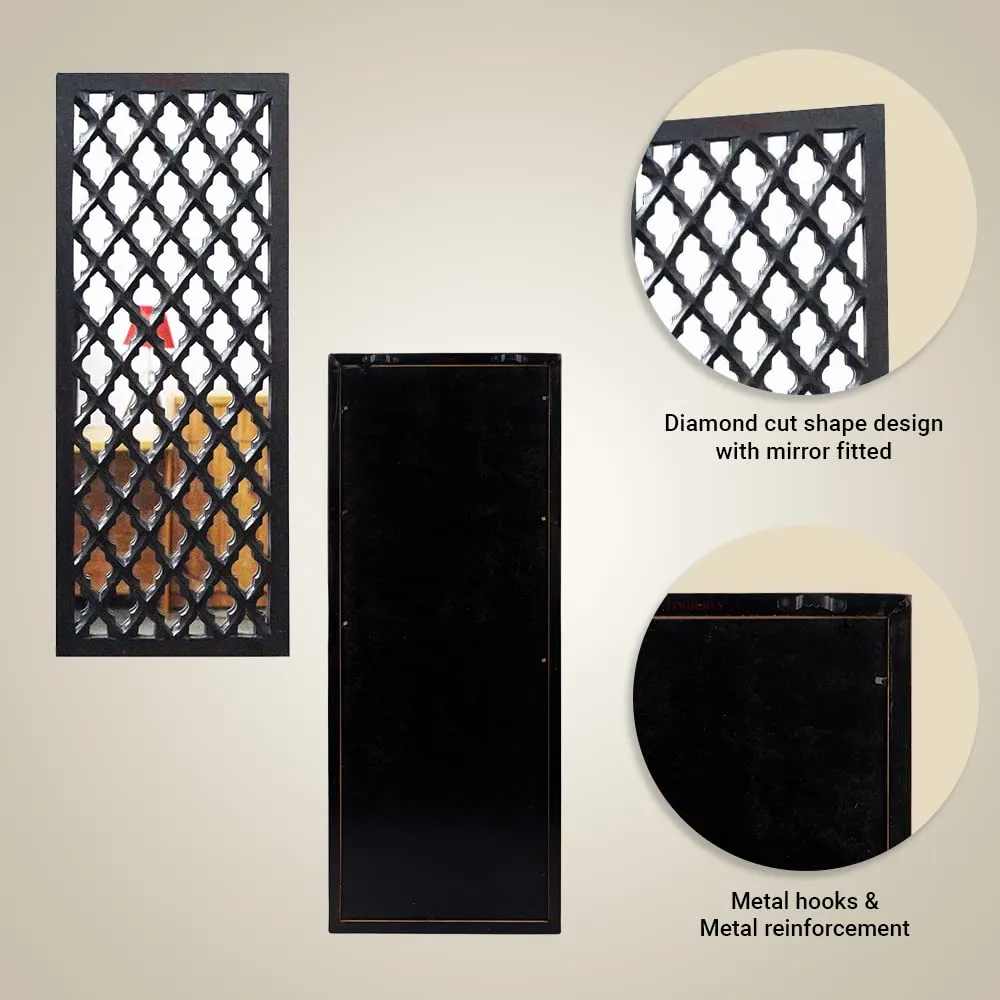 TIMBERLY Wall Mirror Decor Panel Wooden Hanging Jharokha Rectangular Wall Decor Frame for Living Room, Bed Room [30 x 12 Inch, Black-Pack of 2]