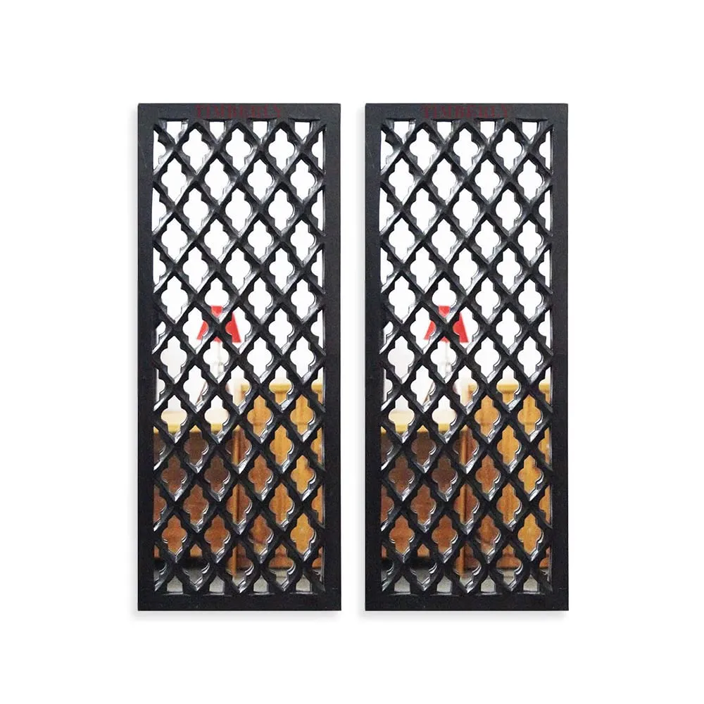 TIMBERLY Wall Mirror Decor Panel Wooden Hanging Jharokha Rectangular Wall Decor Frame for Living Room, Bed Room [30 x 12 Inch, Black-Pack of 2]