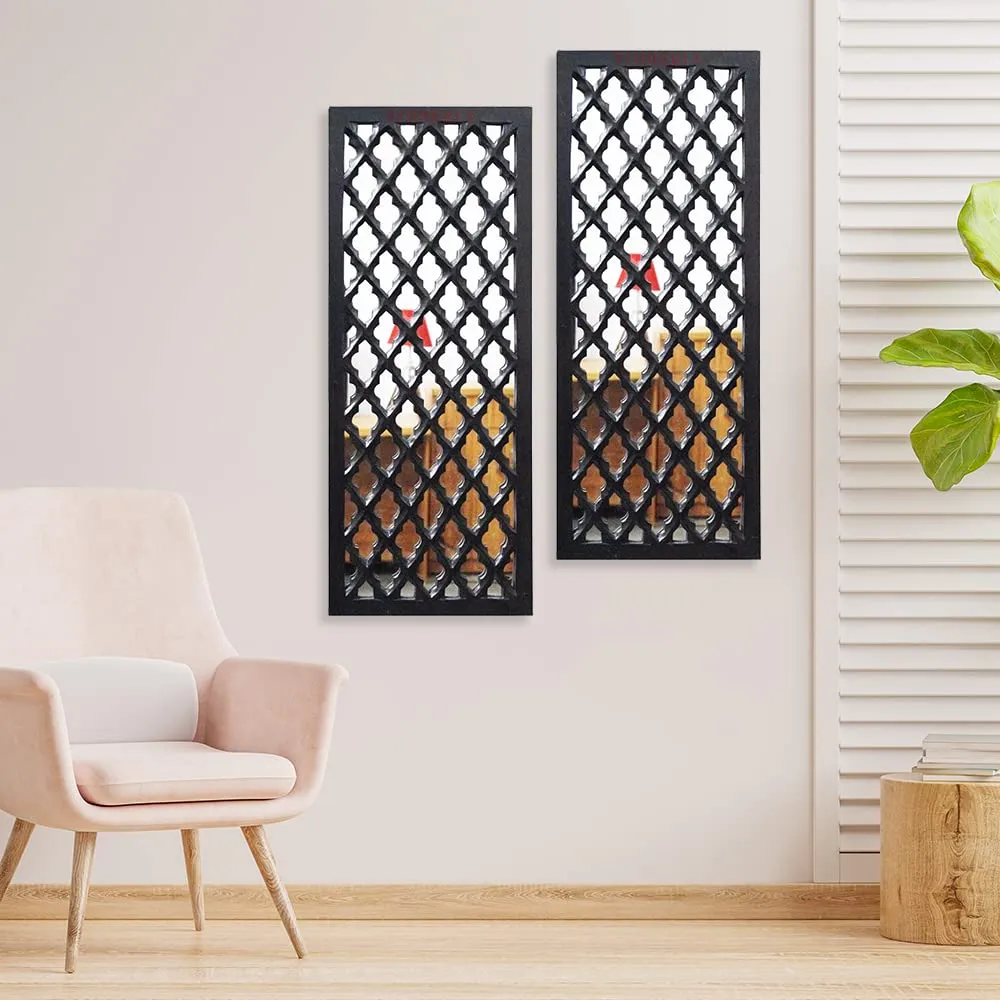 TIMBERLY Wall Mirror Decor Panel Wooden Hanging Jharokha Rectangular Wall Decor Frame for Living Room, Bed Room [30 x 12 Inch, Black-Pack of 2]