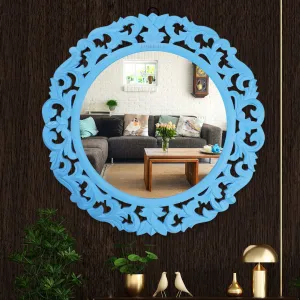 Timberly Wooden Wall Mirror Hanging with Wooden Wall Panel Handcrafted Round Decorative Mirror for Living Room, Bedroom, Bathroom (Blue, 16X16 Inch)