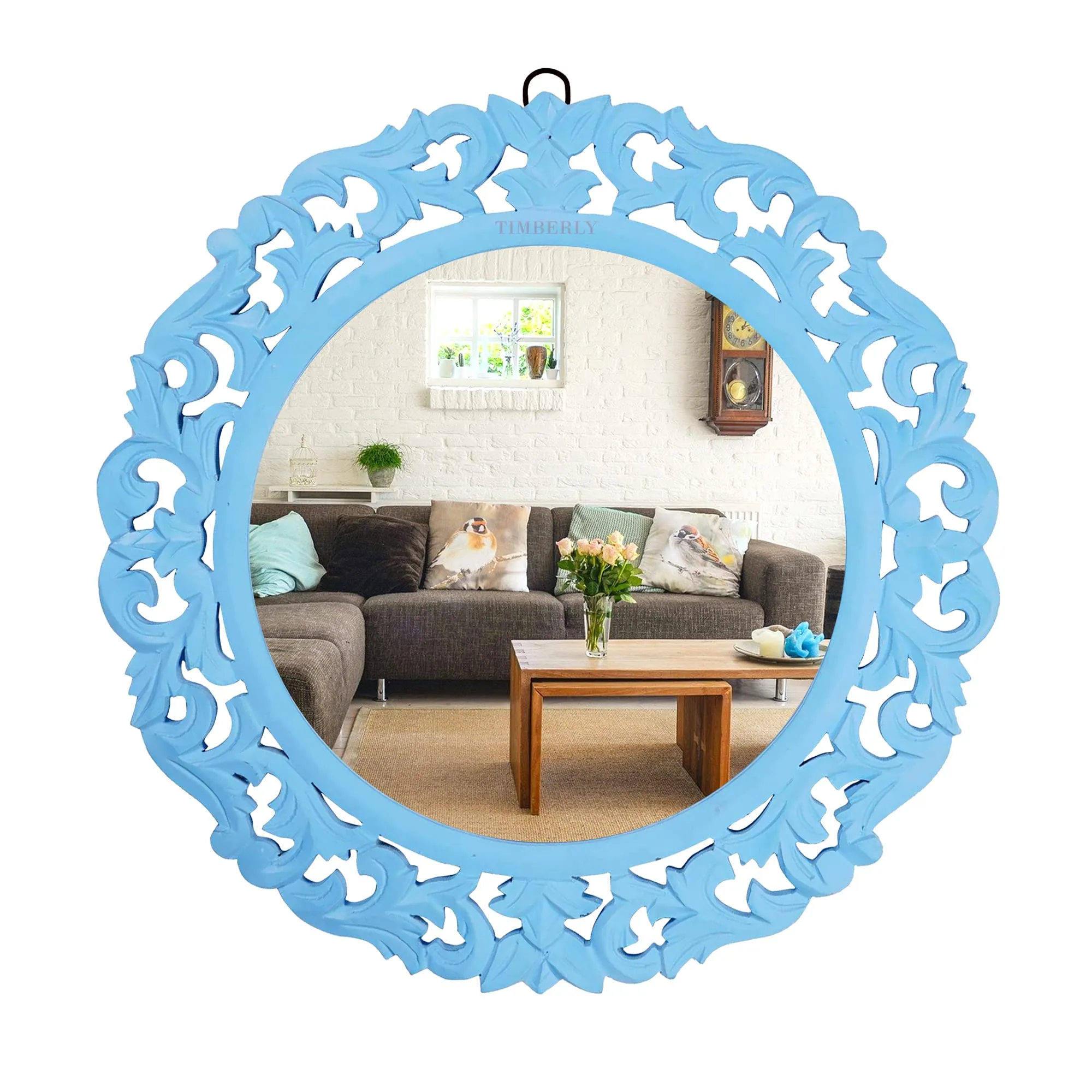 Timberly Wooden Wall Mirror Hanging with Wooden Wall Panel Handcrafted Round Decorative Mirror for Living Room, Bedroom, Bathroom (Blue, 16X16 Inch)