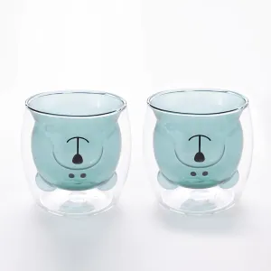 UMAI Cute Teddy Bear Glass Mug Set of 2 I Double Walled Borosilicate 250ml I Transparent I Microwave Safe I Scratch Proof I Coffee Mugs for Couples I Blue I Gift for Friends, Family and Loved Ones
