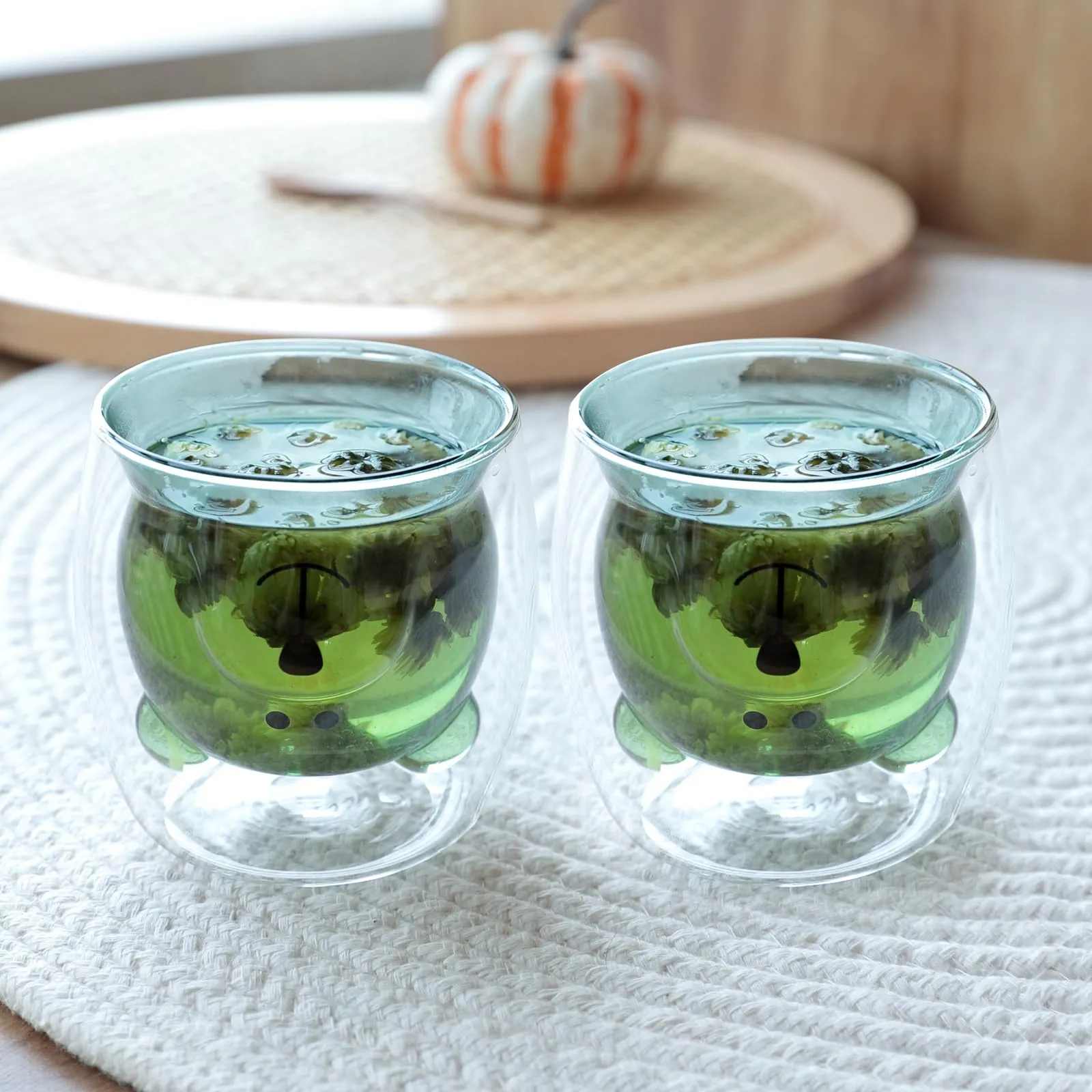 UMAI Cute Teddy Bear Glass Mug Set of 2 I Double Walled Borosilicate 250ml I Transparent I Microwave Safe I Scratch Proof I Coffee Mugs for Couples I Blue I Gift for Friends, Family and Loved Ones