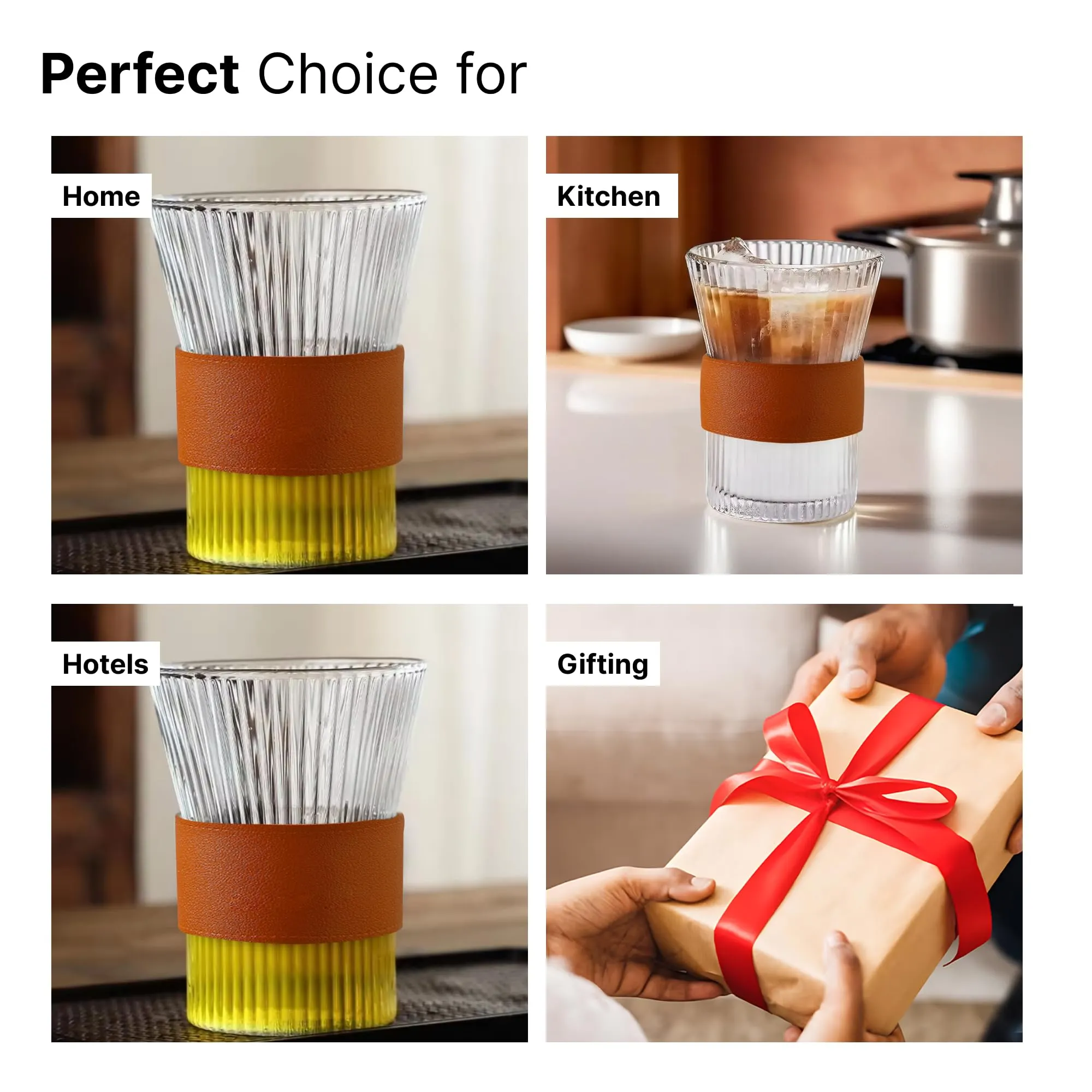 UMAI Glass Tea and Coffee Mugs Pack of 4| 280ml Each | Lead-Free Glass Cups with Anti Slip Leather Sleeves for Hot & Cold Beverages | Mugs for Coffee | Tea Cup Set | House Warming Gifts for New Home