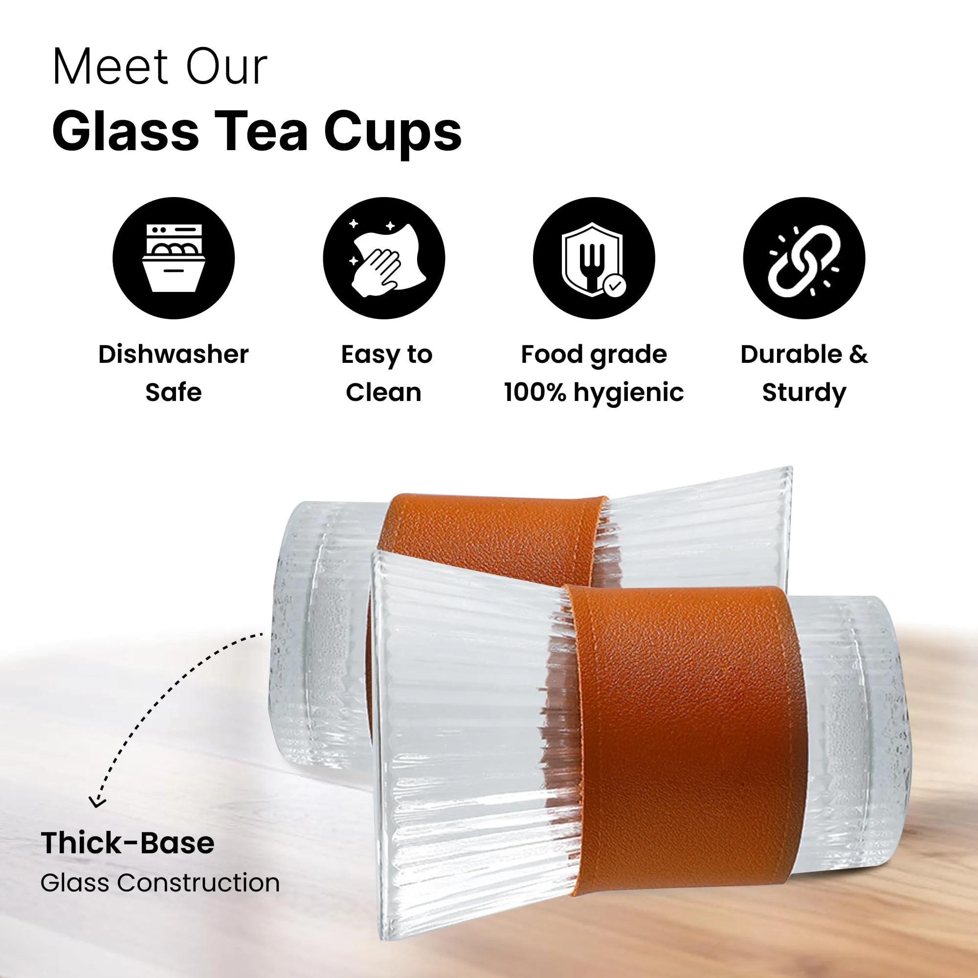 UMAI Glass Tea and Coffee Mugs Pack of 4| 280ml Each | Lead-Free Glass Cups with Anti Slip Leather Sleeves for Hot & Cold Beverages | Mugs for Coffee | Tea Cup Set | House Warming Gifts for New Home