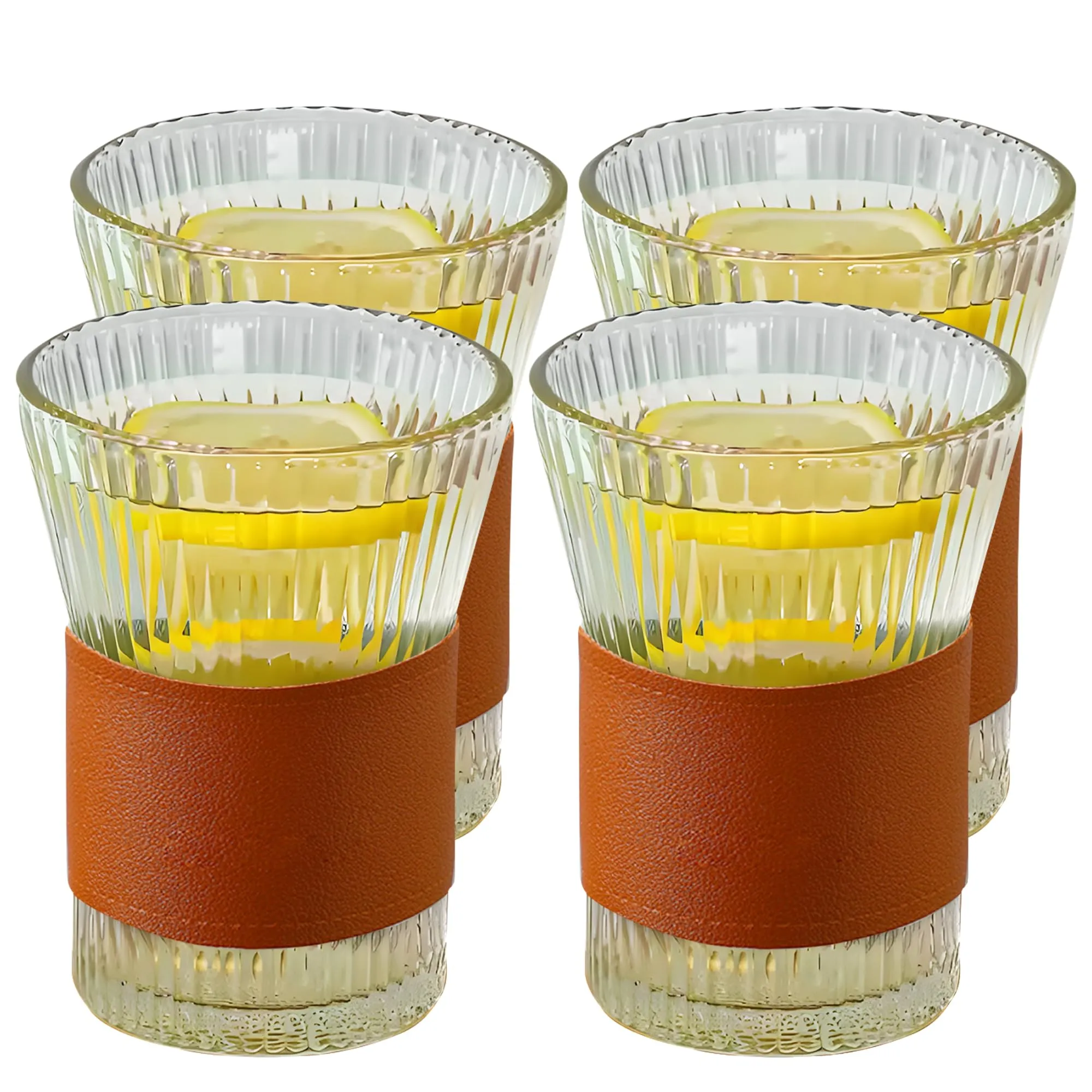 UMAI Glass Tea and Coffee Mugs Pack of 4| 280ml Each | Lead-Free Glass Cups with Anti Slip Leather Sleeves for Hot & Cold Beverages | Mugs for Coffee | Tea Cup Set | House Warming Gifts for New Home