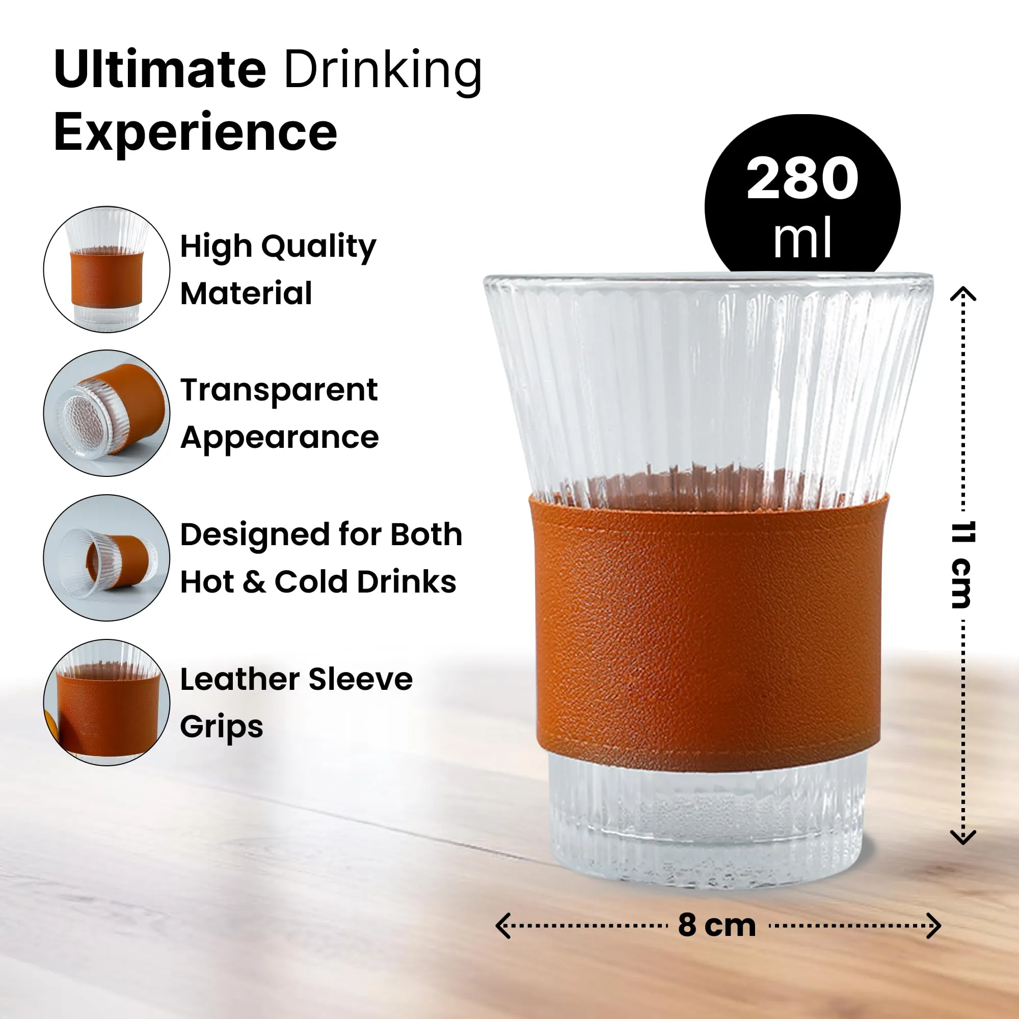 UMAI Glass Tea and Coffee Mugs Pack of 4| 280ml Each | Lead-Free Glass Cups with Anti Slip Leather Sleeves for Hot & Cold Beverages | Mugs for Coffee | Tea Cup Set | House Warming Gifts for New Home