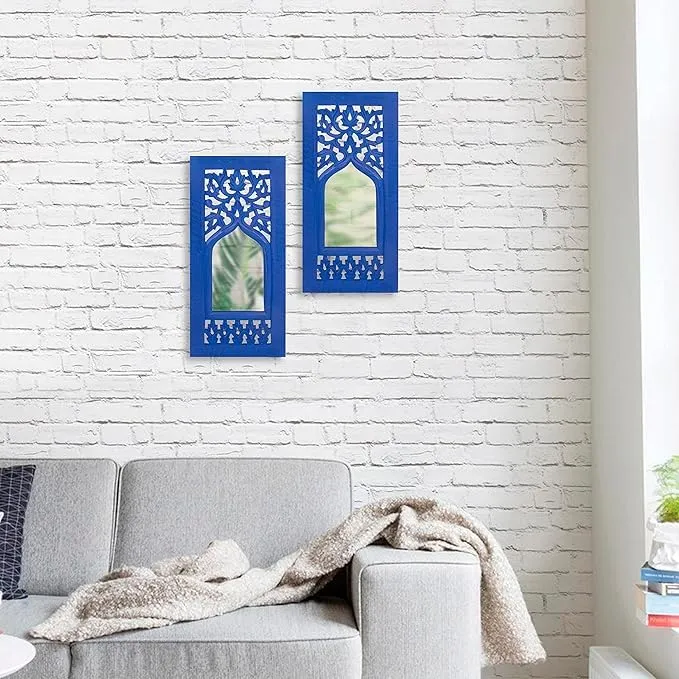 UNIVOCEAN Wood Painted Wall Hanging Jharoka Inside Mirror, Wooden Wall Hanging, Wooden Wall Panel (Blue) (17x7.5) inch, Set of Two