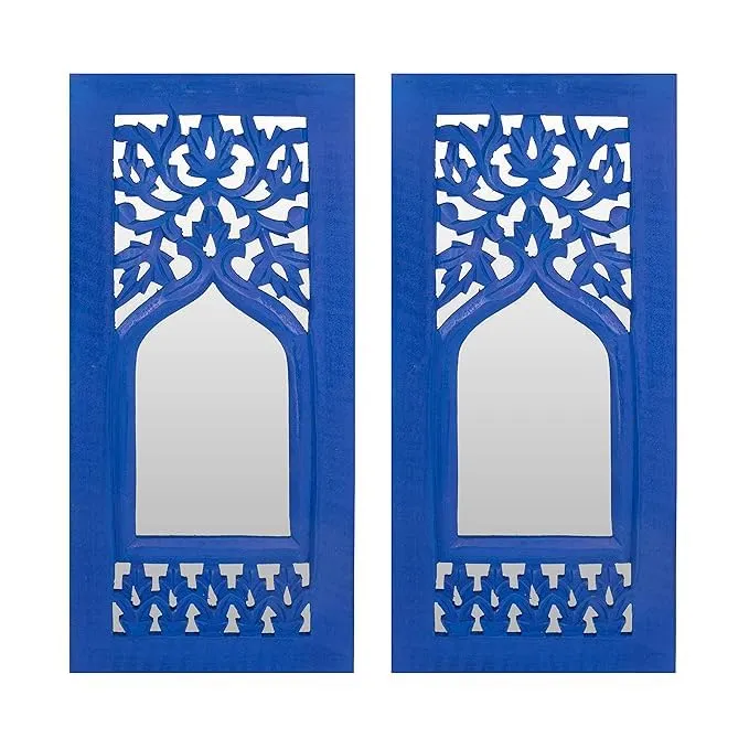 UNIVOCEAN Wood Painted Wall Hanging Jharoka Inside Mirror, Wooden Wall Hanging, Wooden Wall Panel (Blue) (17x7.5) inch, Set of Two