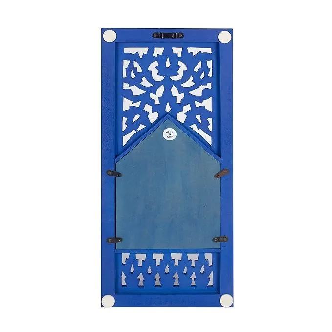 UNIVOCEAN Wood Painted Wall Hanging Jharoka Inside Mirror, Wooden Wall Hanging, Wooden Wall Panel (Blue) (17x7.5) inch, Set of Two