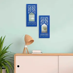UNIVOCEAN Wood Painted Wall Hanging Jharoka Inside Mirror, Wooden Wall Hanging, Wooden Wall Panel (Blue) (17x7.5) inch, Set of Two