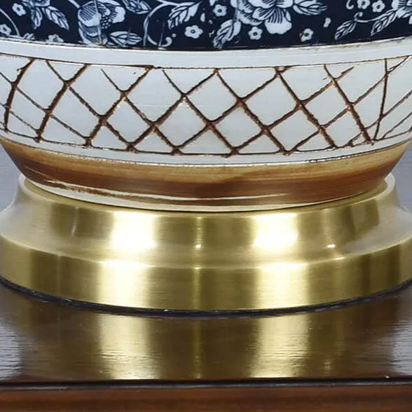 Vintage Chinese Round Ceramic Print Pleated Lampshade 1-Light Table Lamp