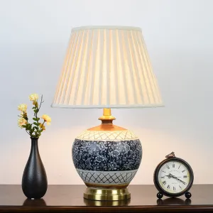Vintage Chinese Round Ceramic Print Pleated Lampshade 1-Light Table Lamp