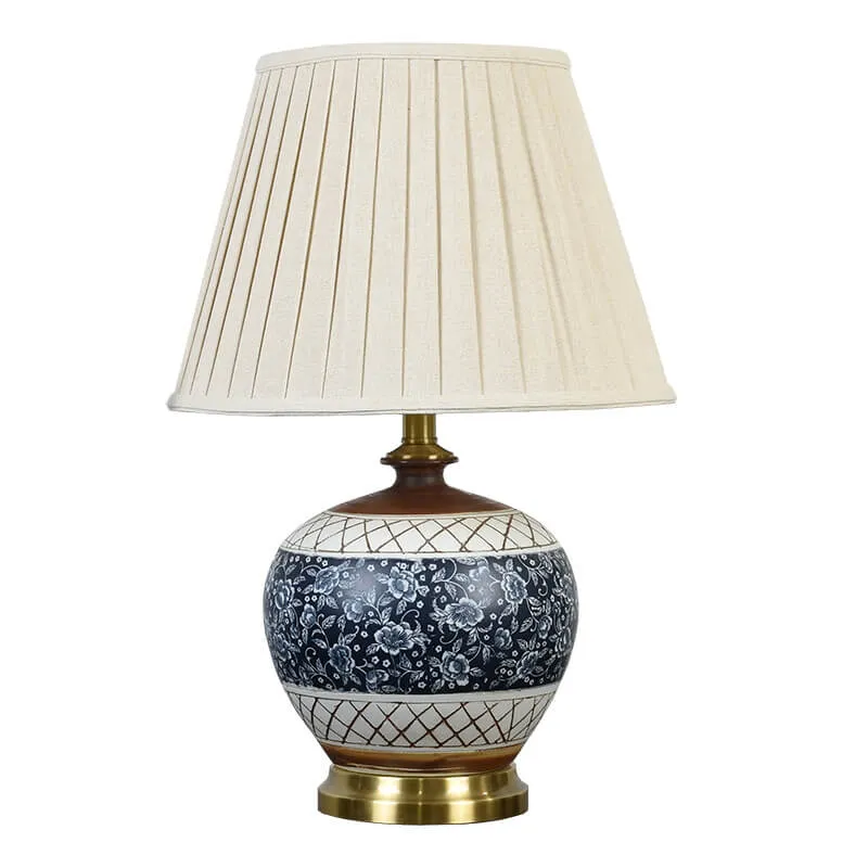 Vintage Chinese Round Ceramic Print Pleated Lampshade 1-Light Table Lamp