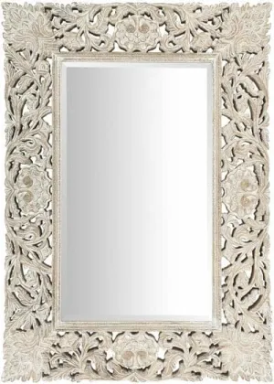 WoodIdea Jhoraka Design Wood Mirror Frame Wall Mount Wood Hand Made Oval Shape Vanity Mirror for Living Room Size 24 X 36 Inch White Anticque Only Frame with Out Mirror