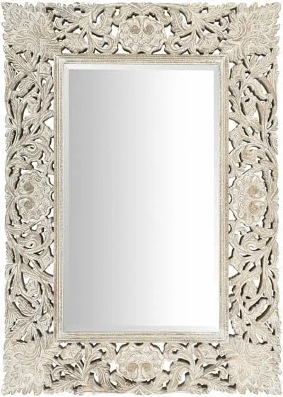 WoodIdea Jhoraka Design Wood Mirror Frame Wall Mount Wood Hand Made Oval Shape Vanity Mirror for Living Room Size 24 X 36 Inch White Anticque Only Frame with Out Mirror