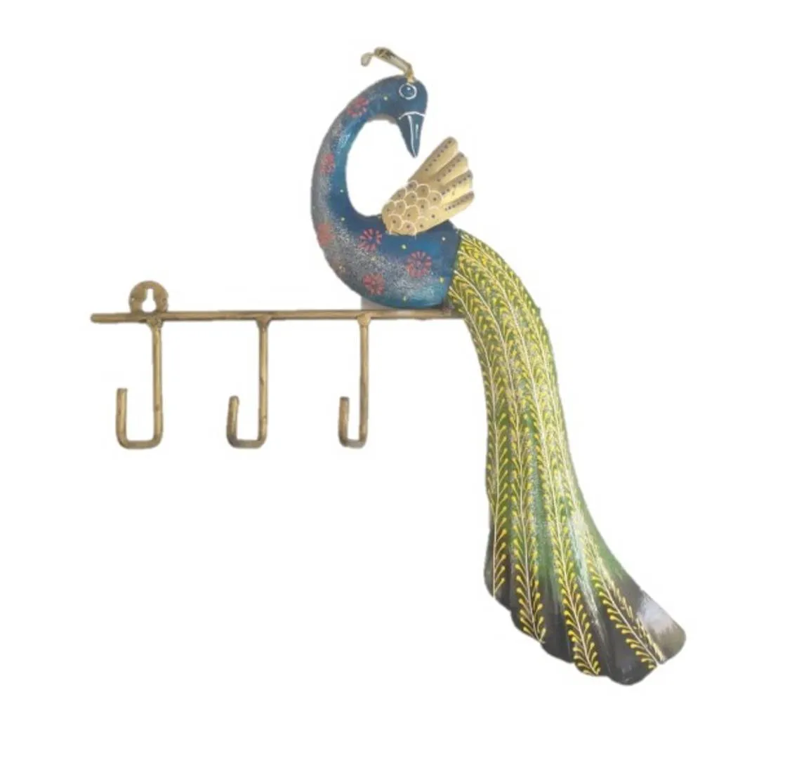 Wrought Iron Handicraft 3 Key Holder Peacock Wall Hanging Showpiece (Set of 1)