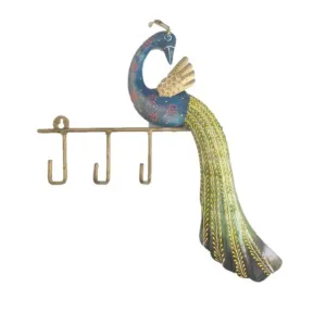 Wrought Iron Handicraft 3 Key Holder Peacock Wall Hanging Showpiece (Set of 1)