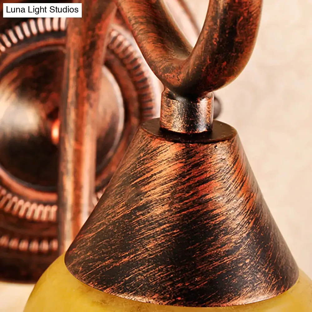 Yellow Glass and Metal Wall Light - 1 Light Traditional Style Lamp with Bell Shade, Copper Finish